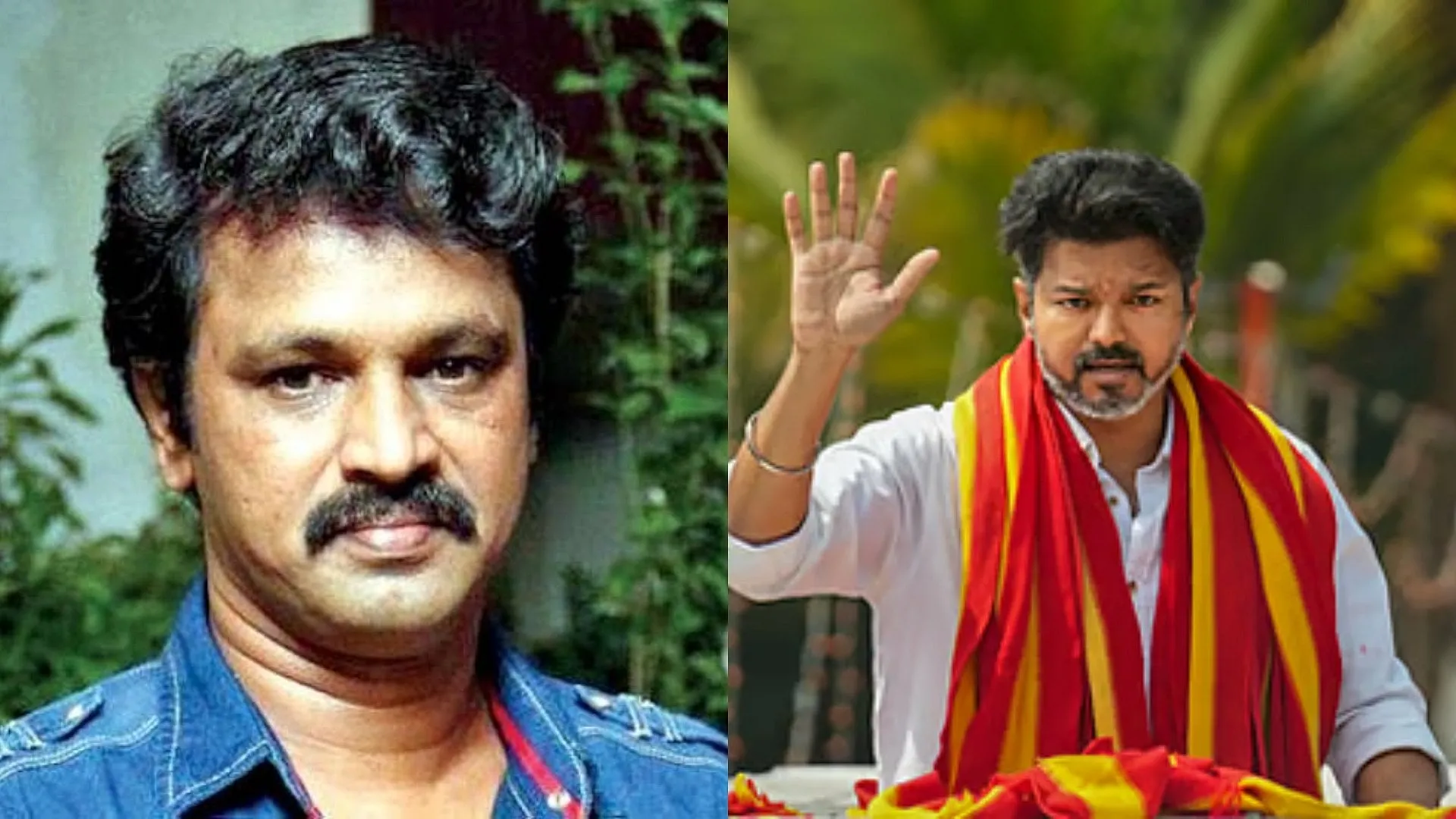 Director Cheran in a portrait frame alongside a campaign image of Vijay with the TVK whistle banner