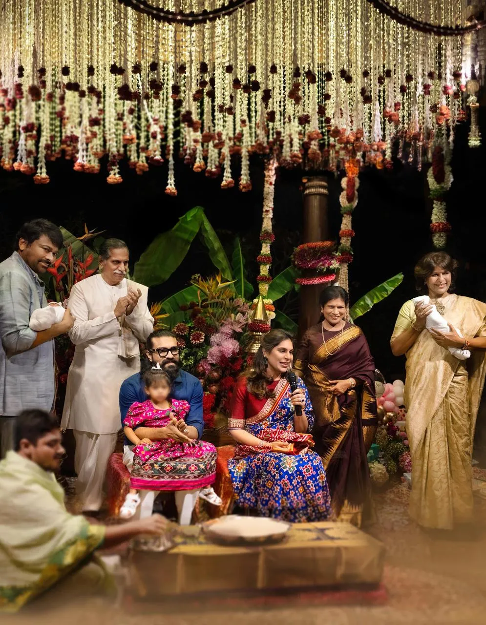 Ram Charan and Upasana at their twins naming ceremony with Chiranjeevi and family