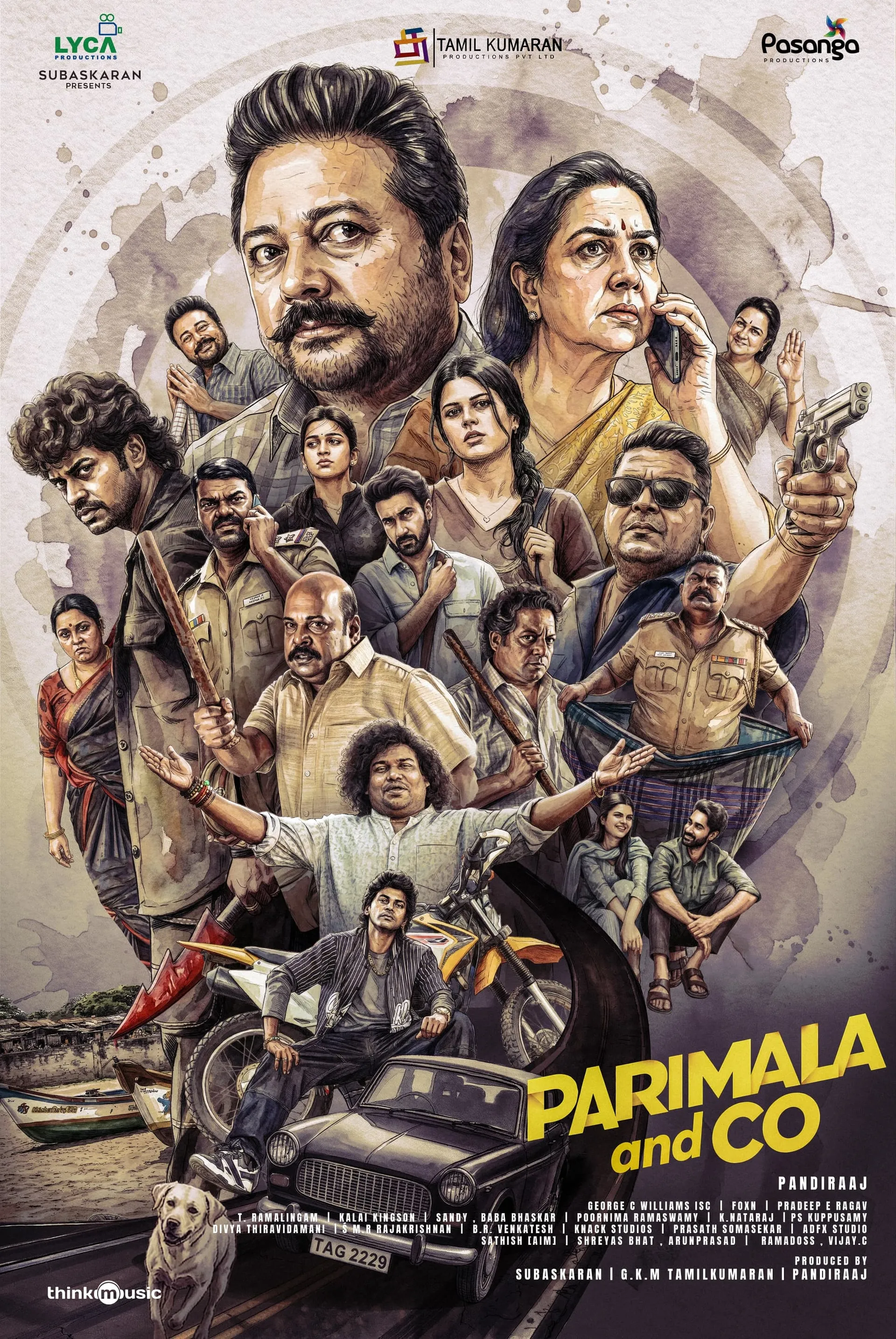 Parimala and Co title poster, an illustrated ensemble led by Jayaram and Urvashi over an old yellow Ambassador car