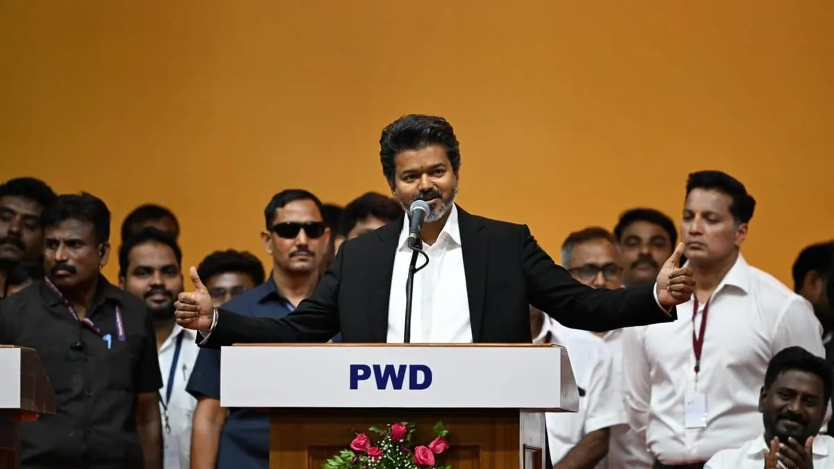Tamil Nadu Chief Minister Vijay speaking at a public event