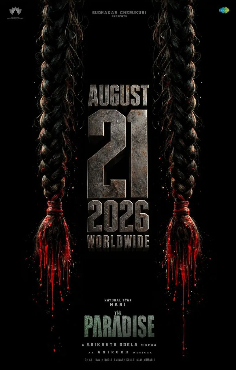 The Paradise release date poster featuring blood-dripping braids with August 21 2026 worldwide text