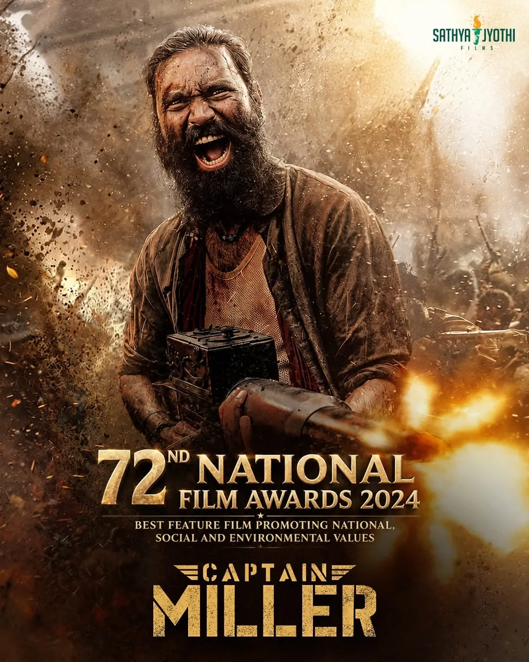 Captain Miller 72nd National Film Awards poster with Dhanush and the Sathya Jyothi Films logo