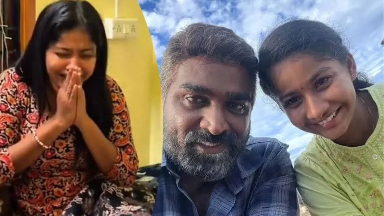 Sachana Namidass reacts emotionally beside a Maharaja still with Vijay Sethupathi