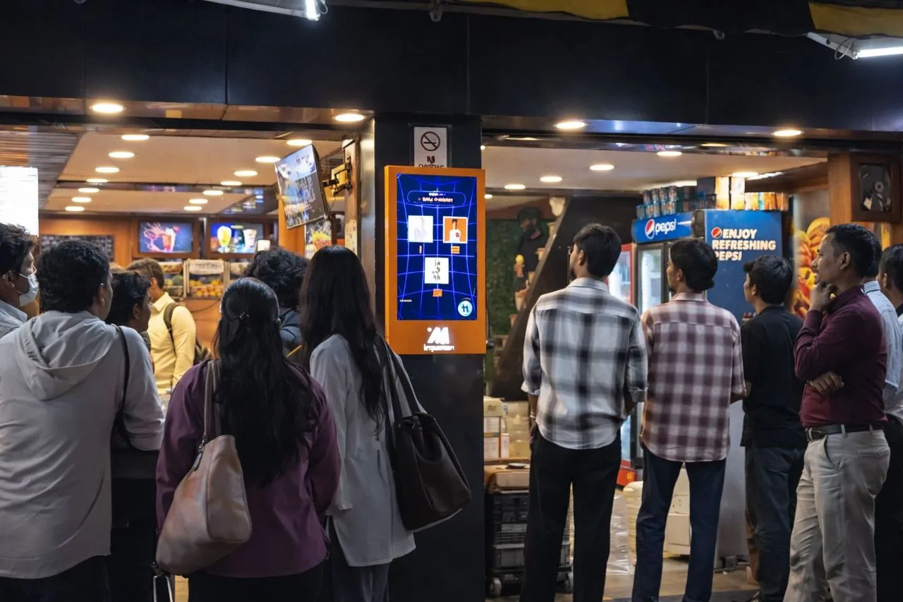 Crowd watching an Impressn Visual-Only Station screen at a busy food court in Chennai
