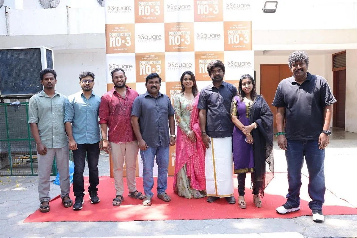Kaali Venkat with the cast and crew of Vijay Karthikeyan's untitled family drama at the film's pooja ceremony