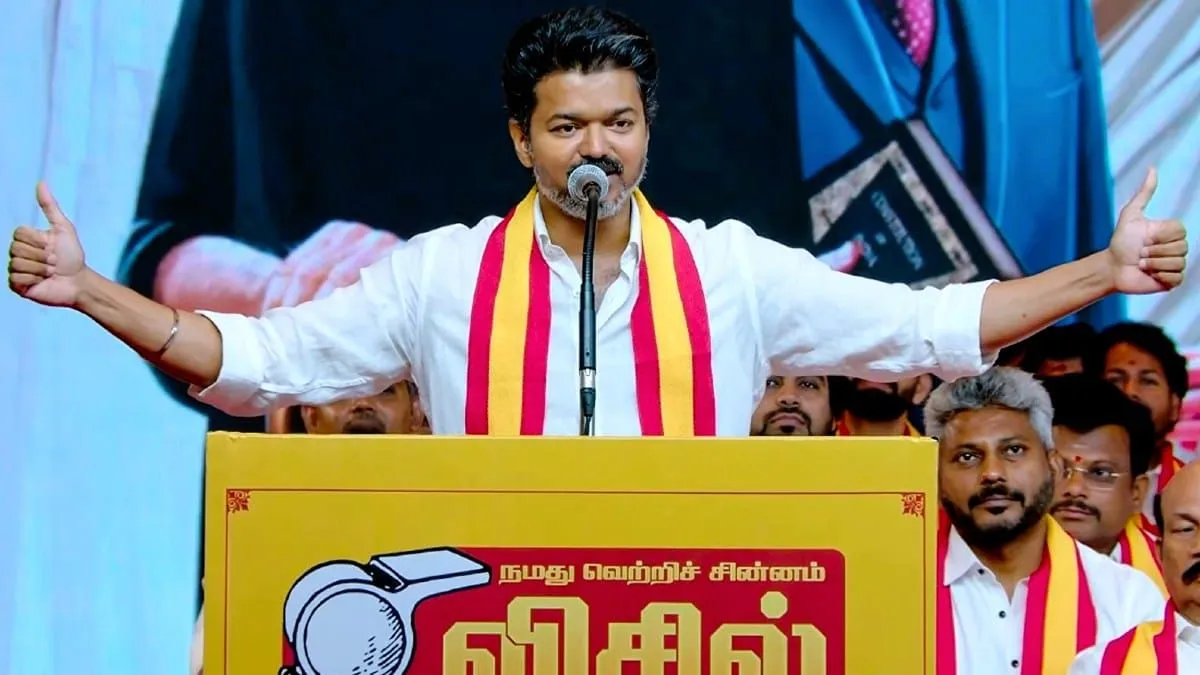 Actor and TVK chief Vijay speaking at a campaign rally ahead of the April 23 Tamil Nadu Assembly election