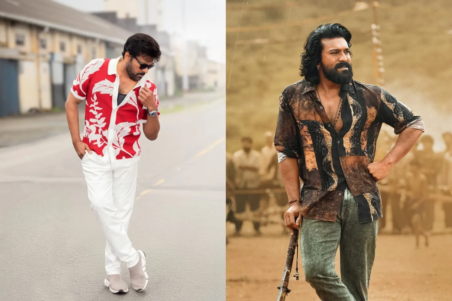 Chiranjeevi and Ram Charan in stills from their 2026 films
