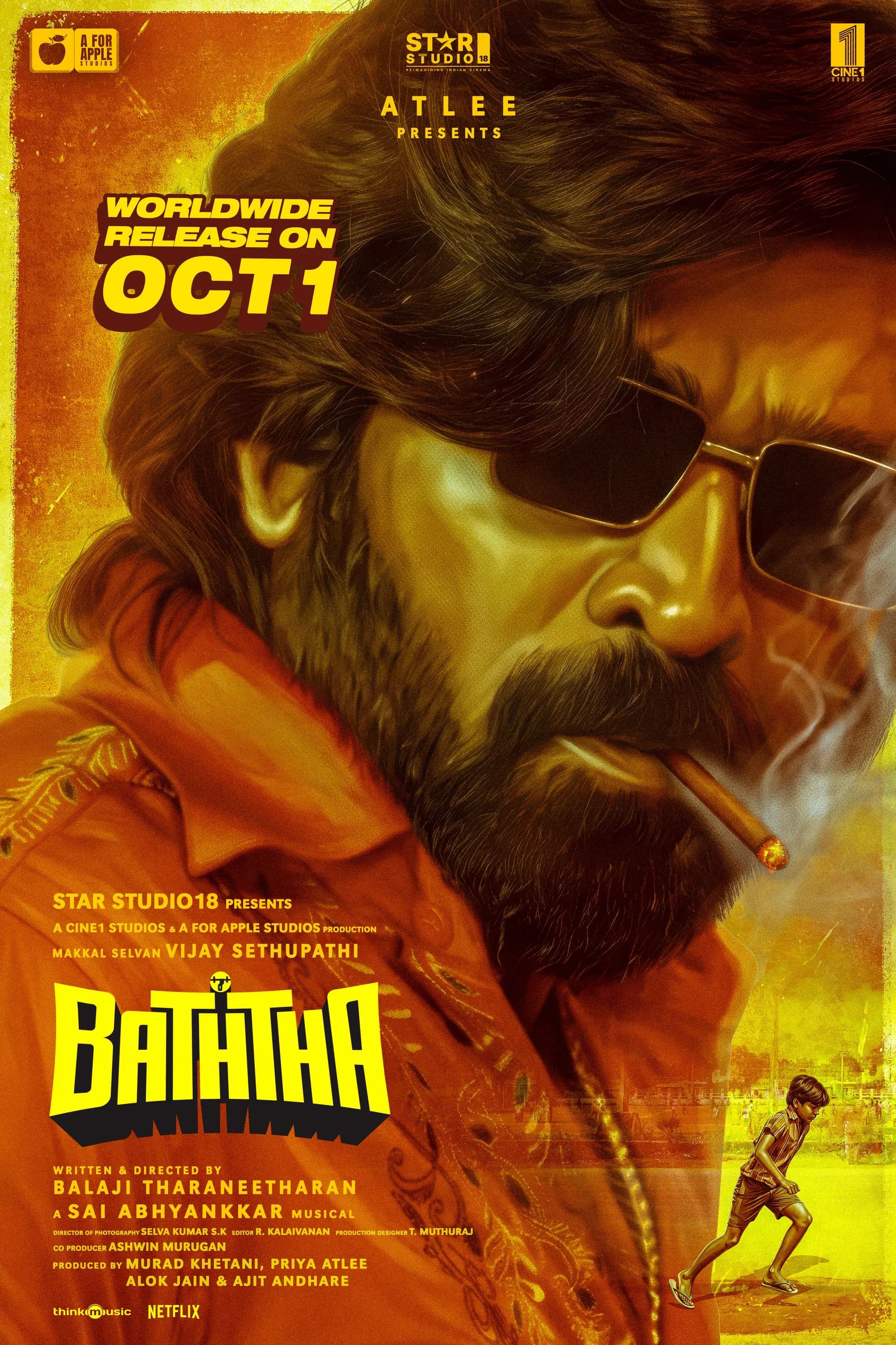 Hand-painted poster of Vijay Sethupathi in sunglasses with a cigar announcing Baththa's October 1 release