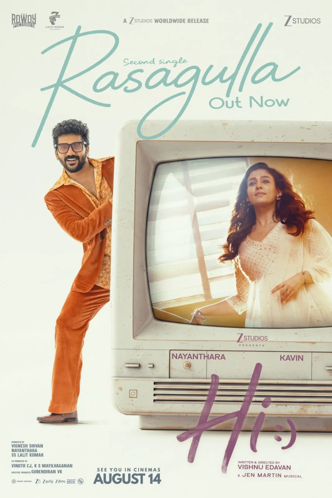 Kavin in a retro orange suit beside a vintage television showing Nayanthara on the Rasagulla song poster from Hi!