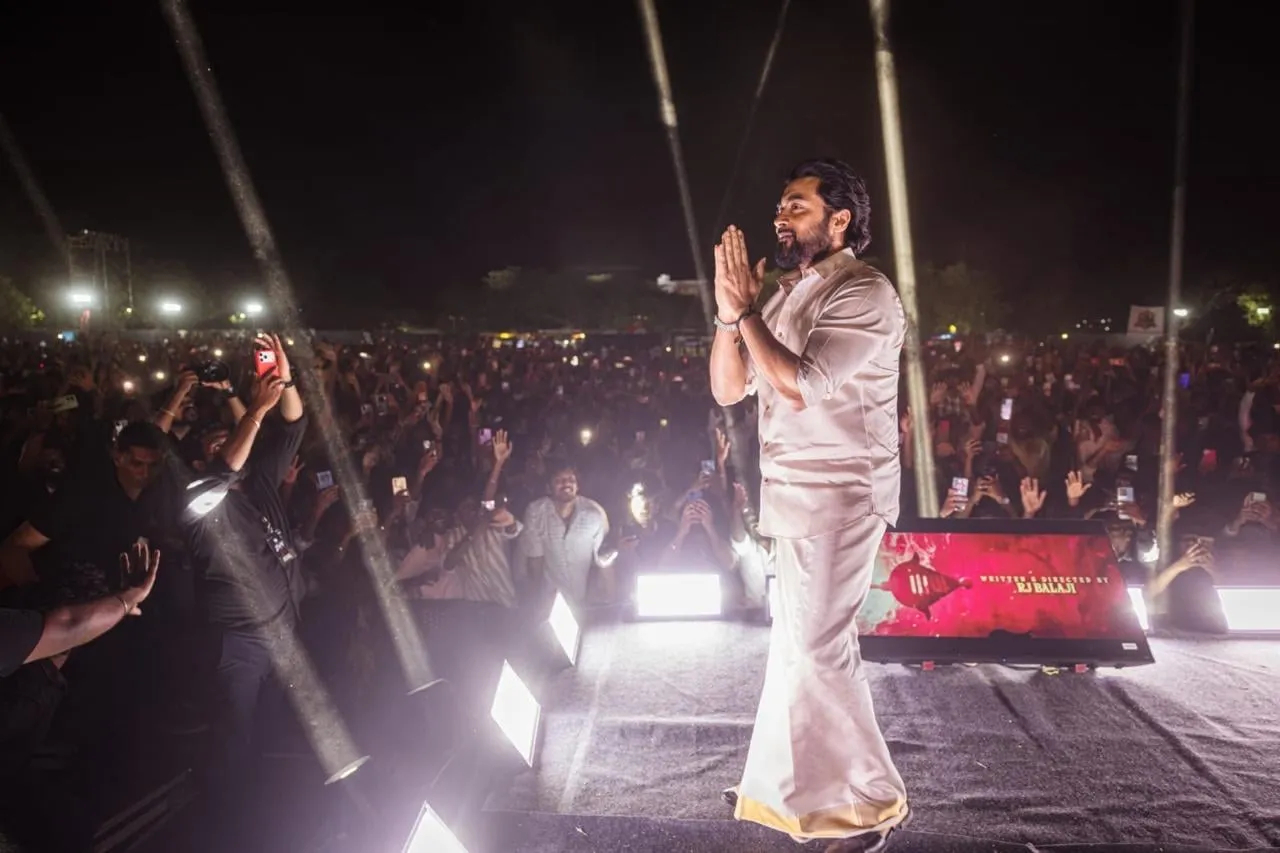 Suriya on stage in Madurai during the Karuppu audio launch