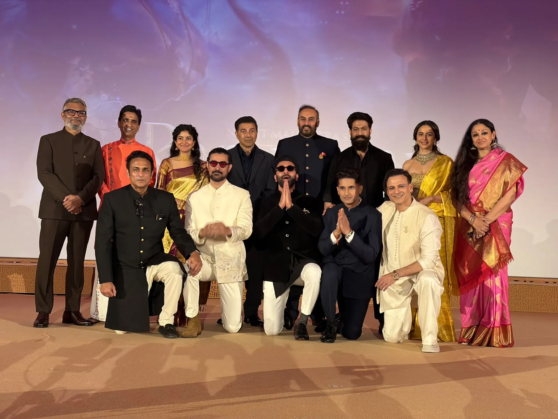 The principal cast and makers of Ramayana on stage at the Pratham Sankalp event in New Delhi