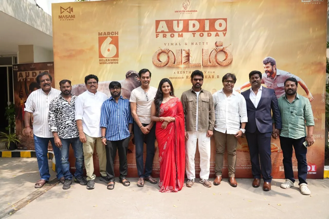 Vadam cast and crew including Vimal, Sanashka Sri, and team at the audio launch