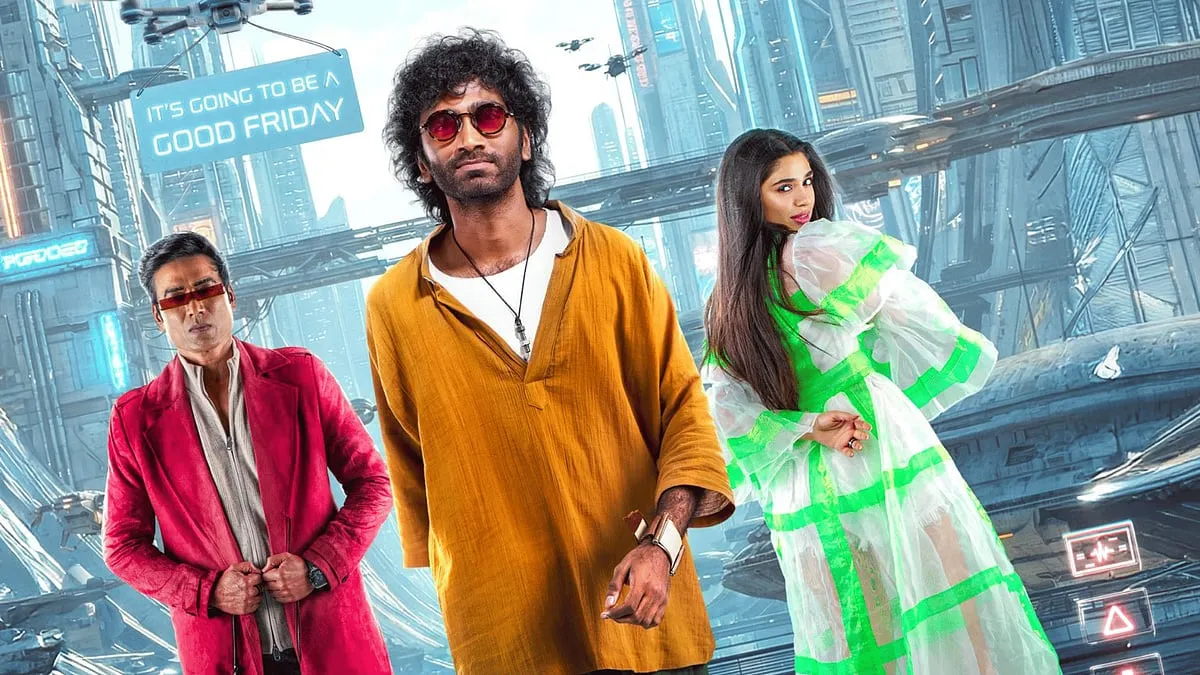 SJ Suryah, Pradeep Ranganathan and Krithi Shetty in the first-look poster for Love Insurance Kompany