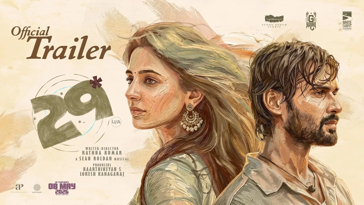 Vidhu and Preethi Asrani in the 29 trailer thumbnail, with the film's title across the lower frame