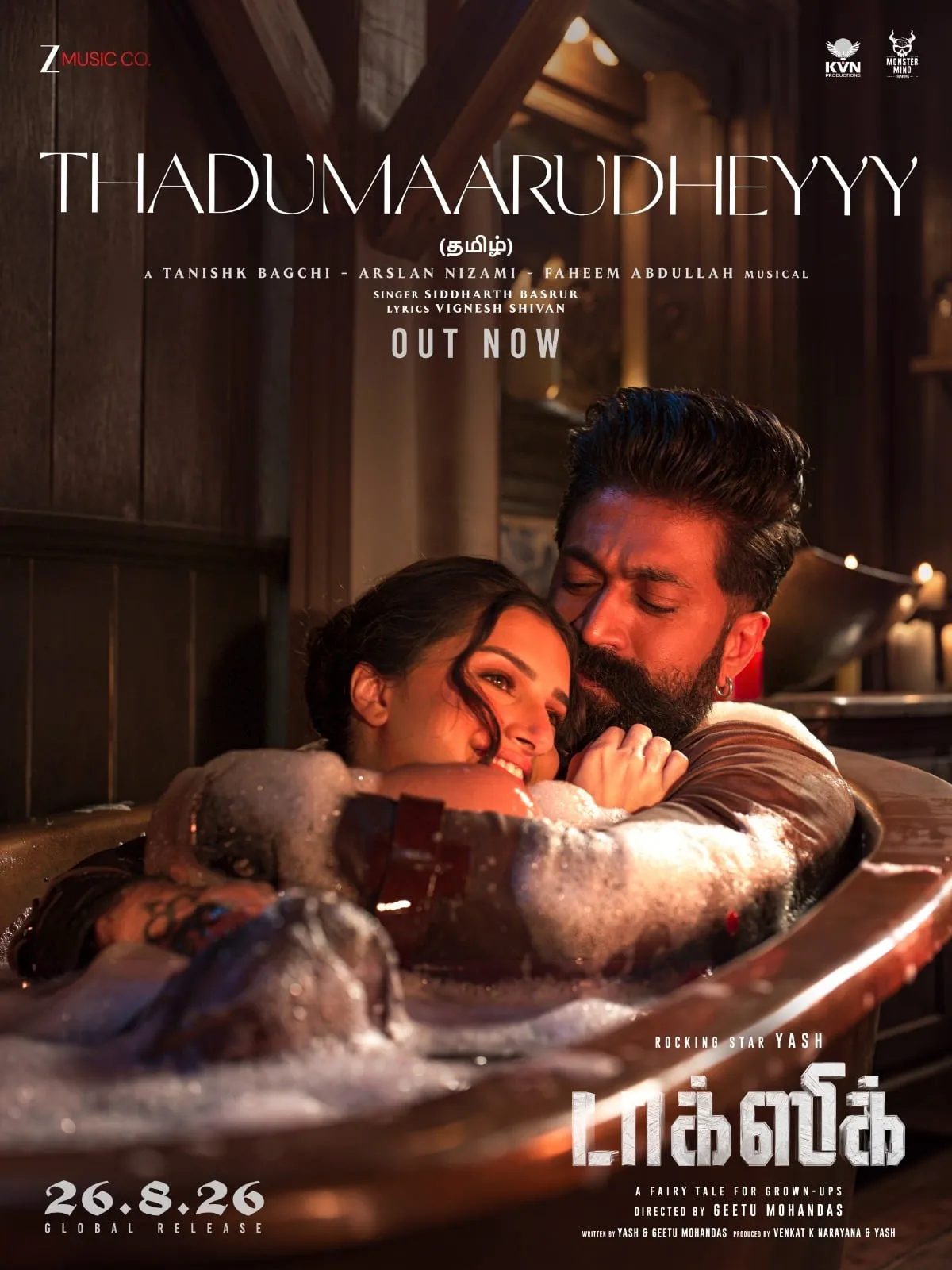 Yash and Tara Sutaria in a bathtub on the Thadumaarudhe song poster from Toxic