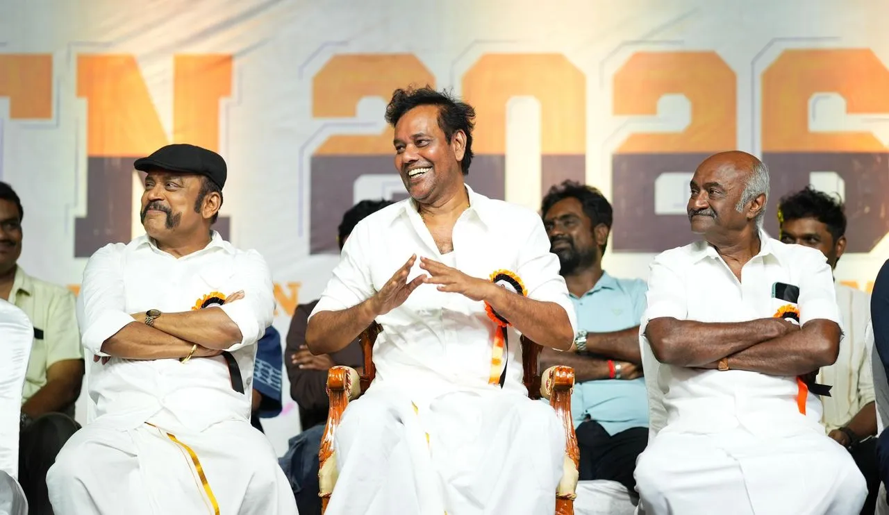 M.S. Bhaskar, Thambi Ramaiah, and Ilavarasu at the TN 2026 press meet