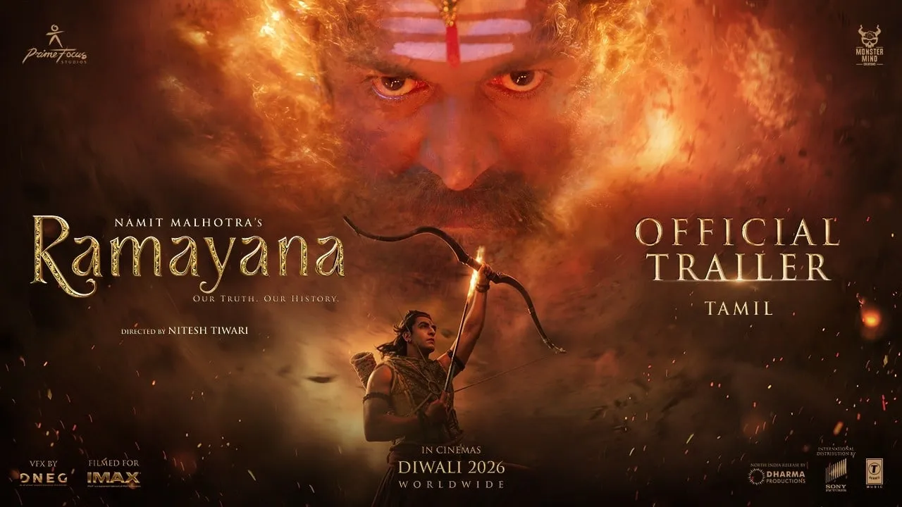 Ramayana Tamil trailer artwork with Ravana's face in flames above Rama drawing a bow