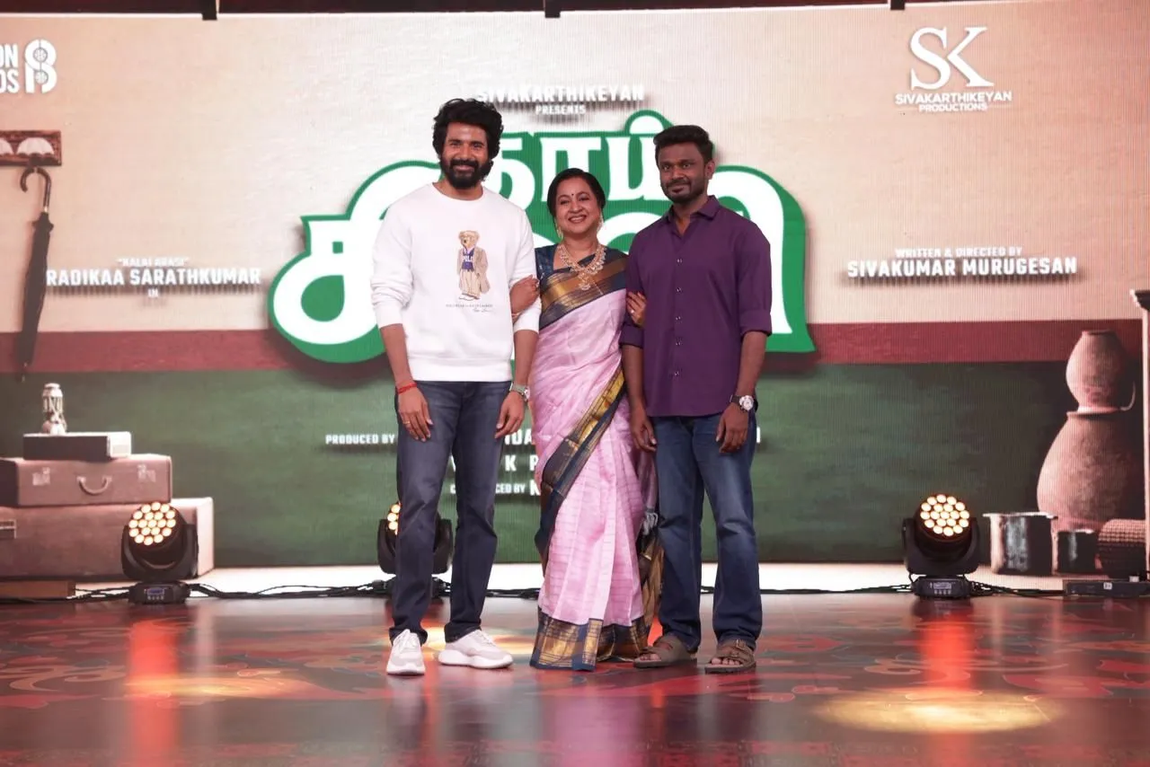 Sivakarthikeyan, Radhika Sarathkumar, and director Sivakumar Murugesan at the Thaai Kizhavi pre-release event