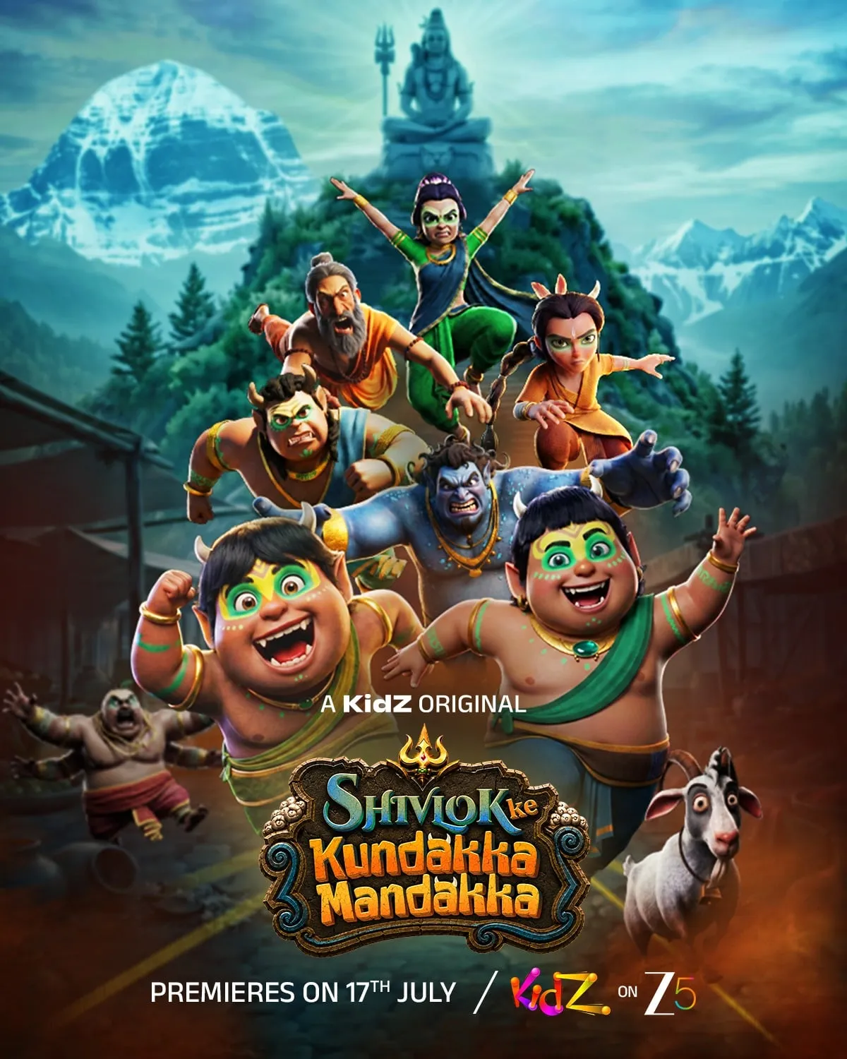 The asura twins Kundakka and Mandakka mid-leap with a cast of mythological characters below a Shiva statue, in the poster for Shivlok Ke Kundakka Mandakka