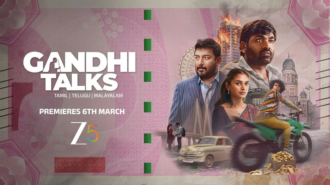 Gandhi Talks movie poster featuring Vijay Sethupathi, Arvind Swami, and Aditi Rao Hydari