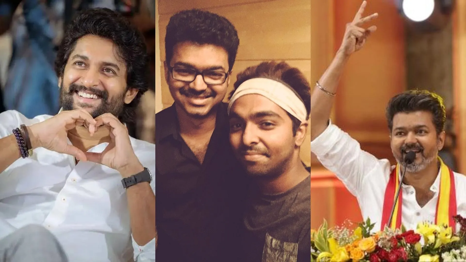 Composite image of Telugu actor Nani, an older photo of Vijay with composer GV Prakash, and Vijay greeting a crowd at a TVK rally