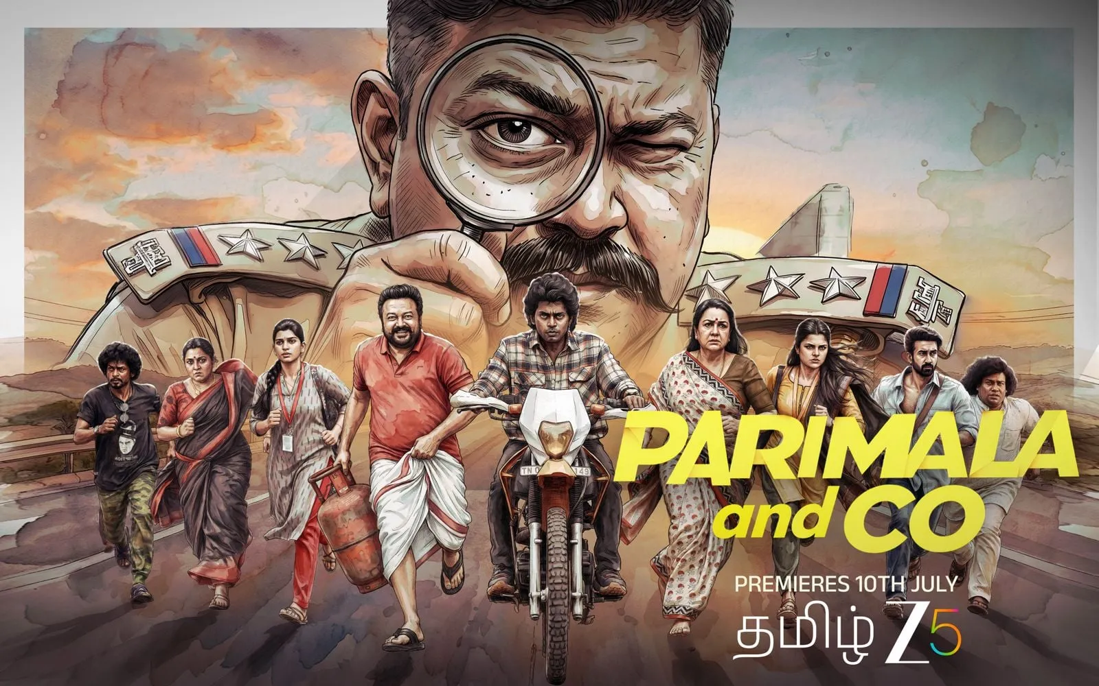 The Parimala & Co ensemble on the run in the film's poster, with Mysskin's police officer looming above them