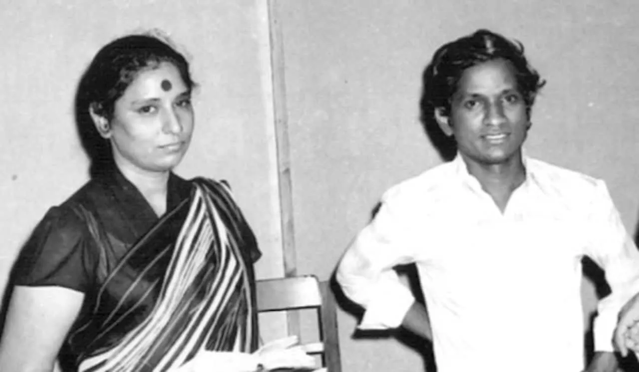 Archival photo of playback singer S. Janaki standing beside a young Ilaiyaraaja