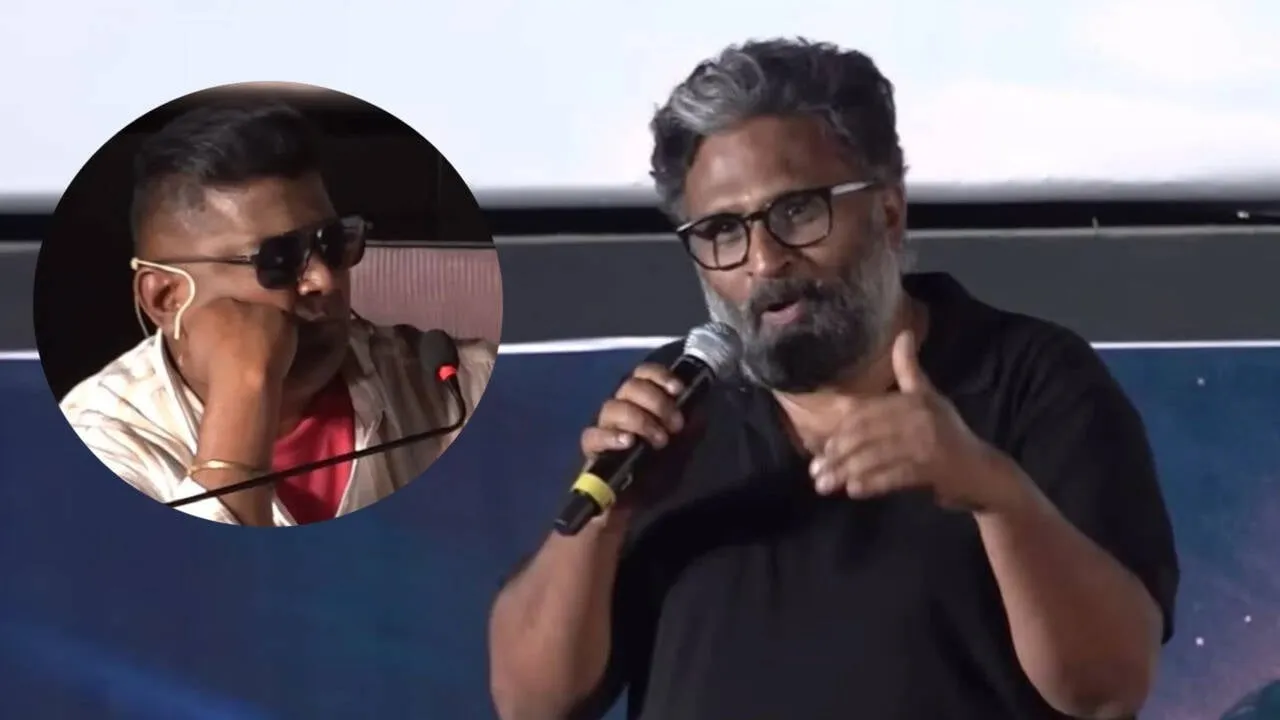 Director Ram speaking at the Train teaser launch, with Vijay Sethupathi pictured reacting