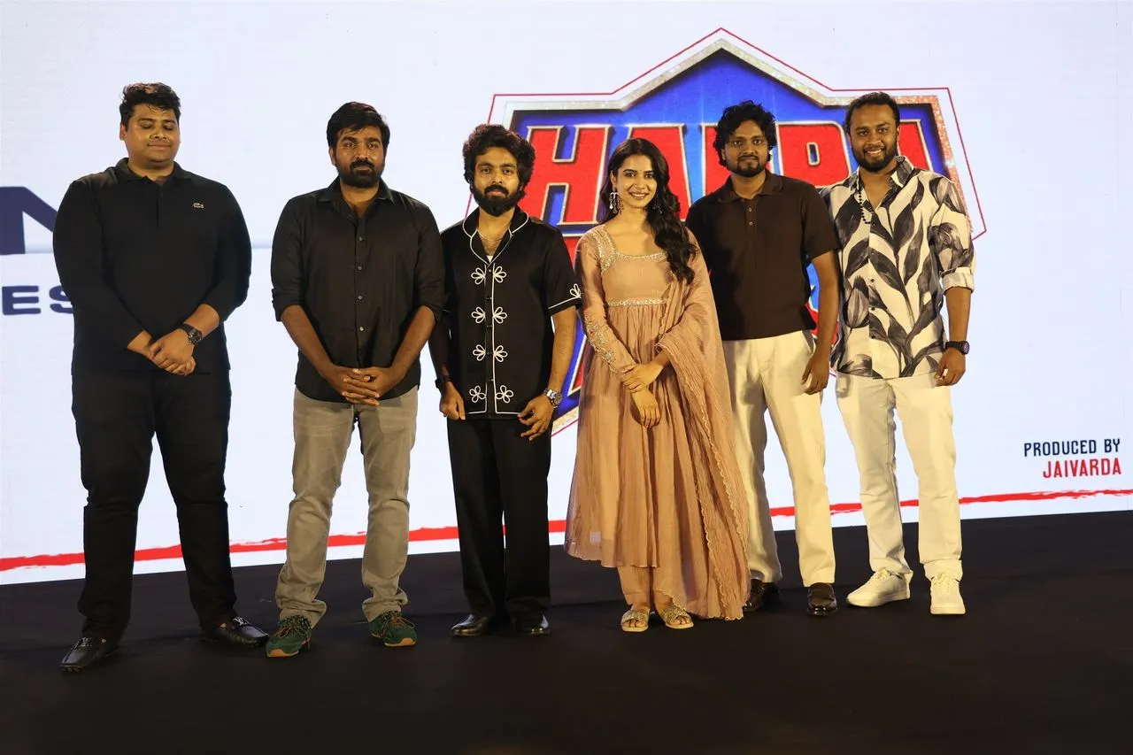 Happy Raj cast and crew at the pre-release event with Vijay Sethupathi and GV Prakash Kumar