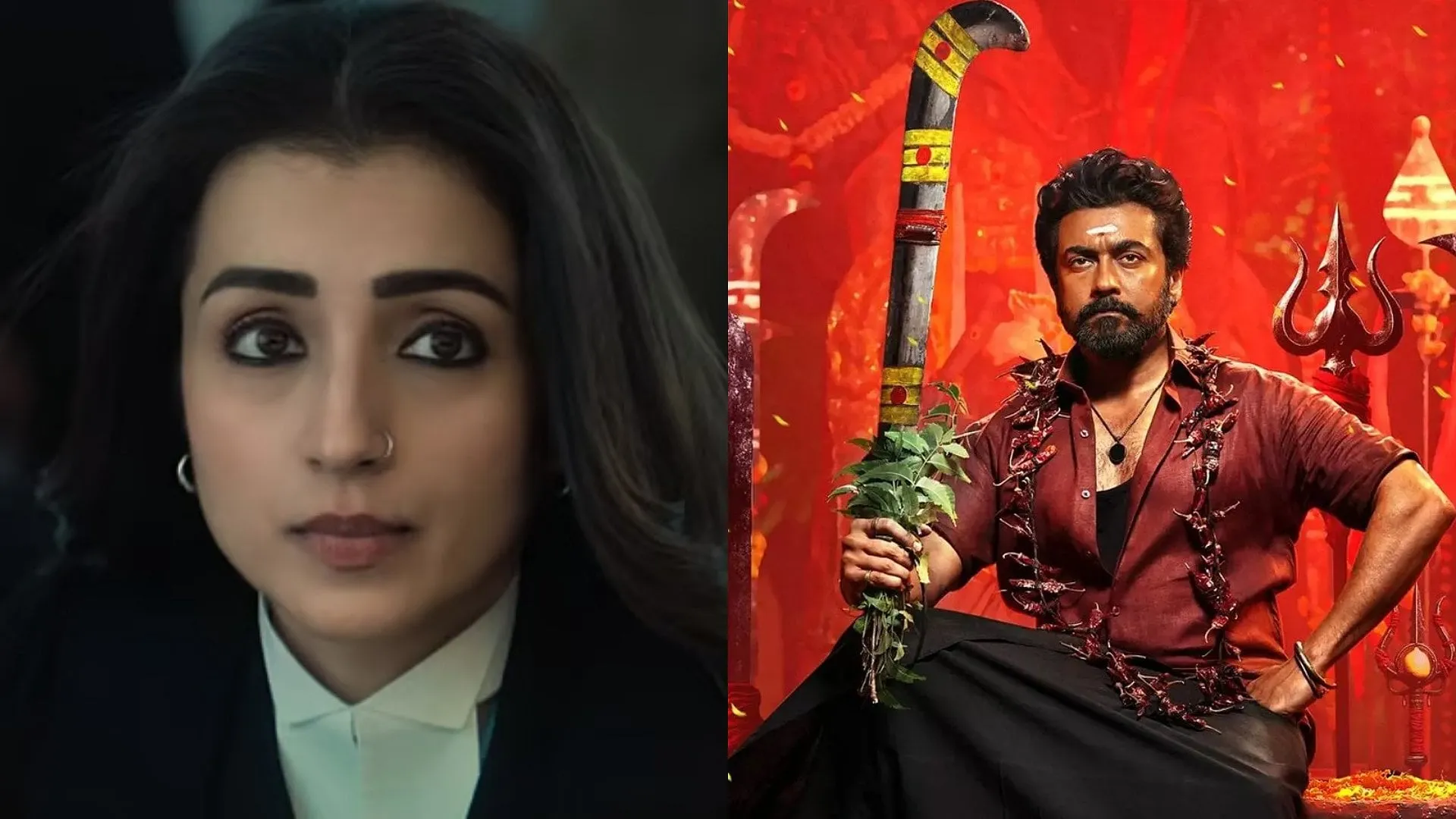 Split image. Left: Trisha's character in Karuppu. Right: Suriya in the film's promotional poster