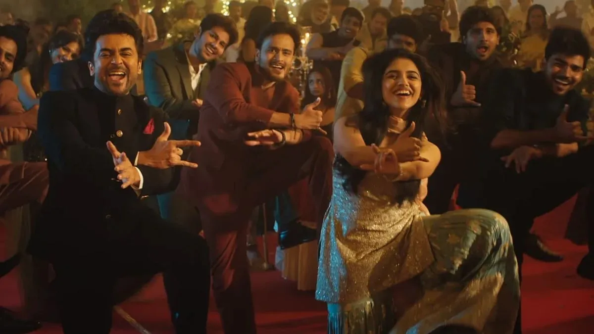 Suriya and Mamitha Baiju dancing in a song sequence from Vishwanath & Sons