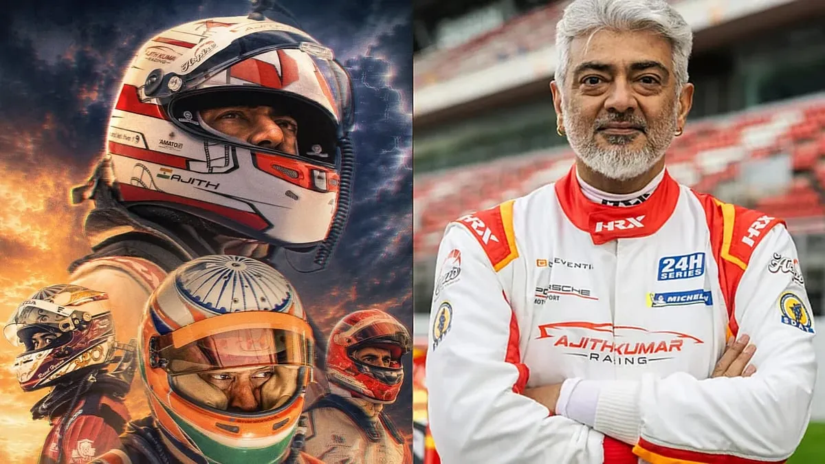 Gladiators first-look poster showing four helmeted drivers, beside a photo of Ajith Kumar in his Ajith Kumar Racing suit at a circuit