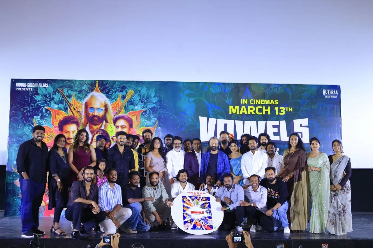 Vowels full cast and crew on stage at the music launch