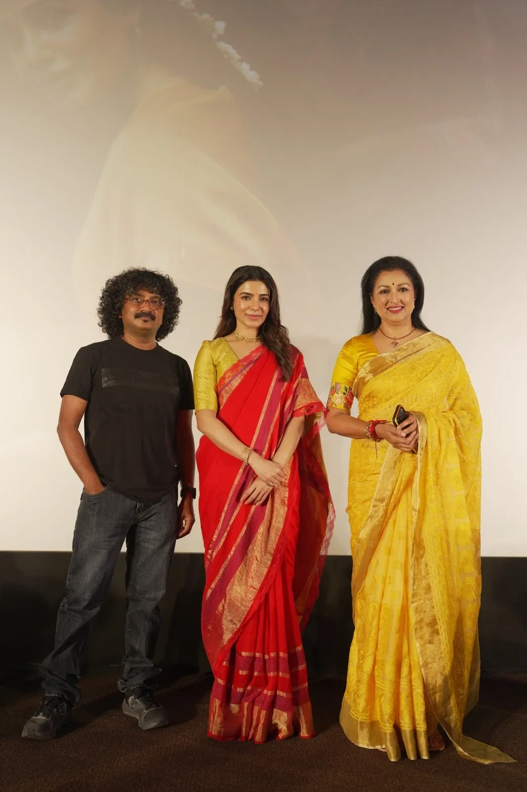 Samantha with Gautami and cinematographer Om Prakash at the Engal Thangam press interaction