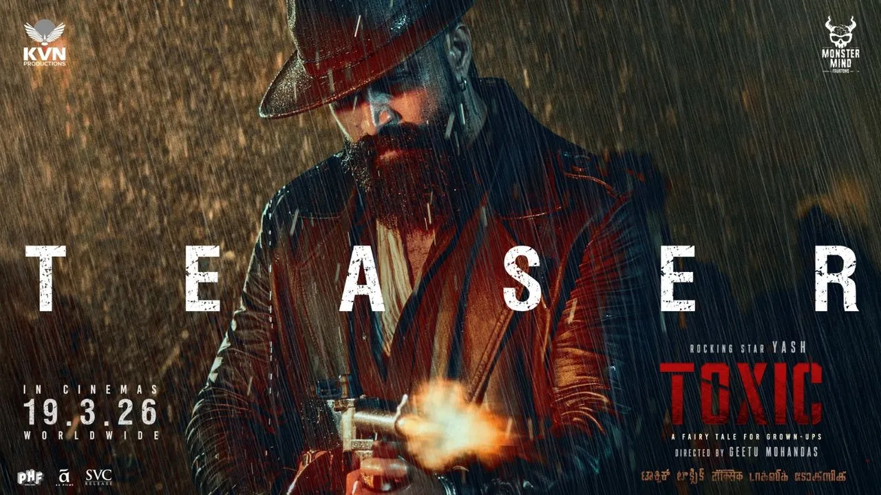 Yash in the Toxic teaser poster firing a gun in the rain