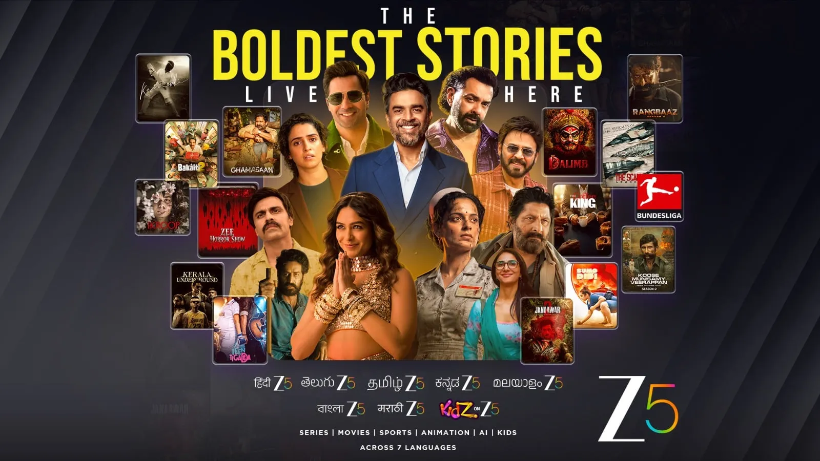 ZEE5 slate key art with stars from seven languages under the tagline The Boldest Stories Live Here