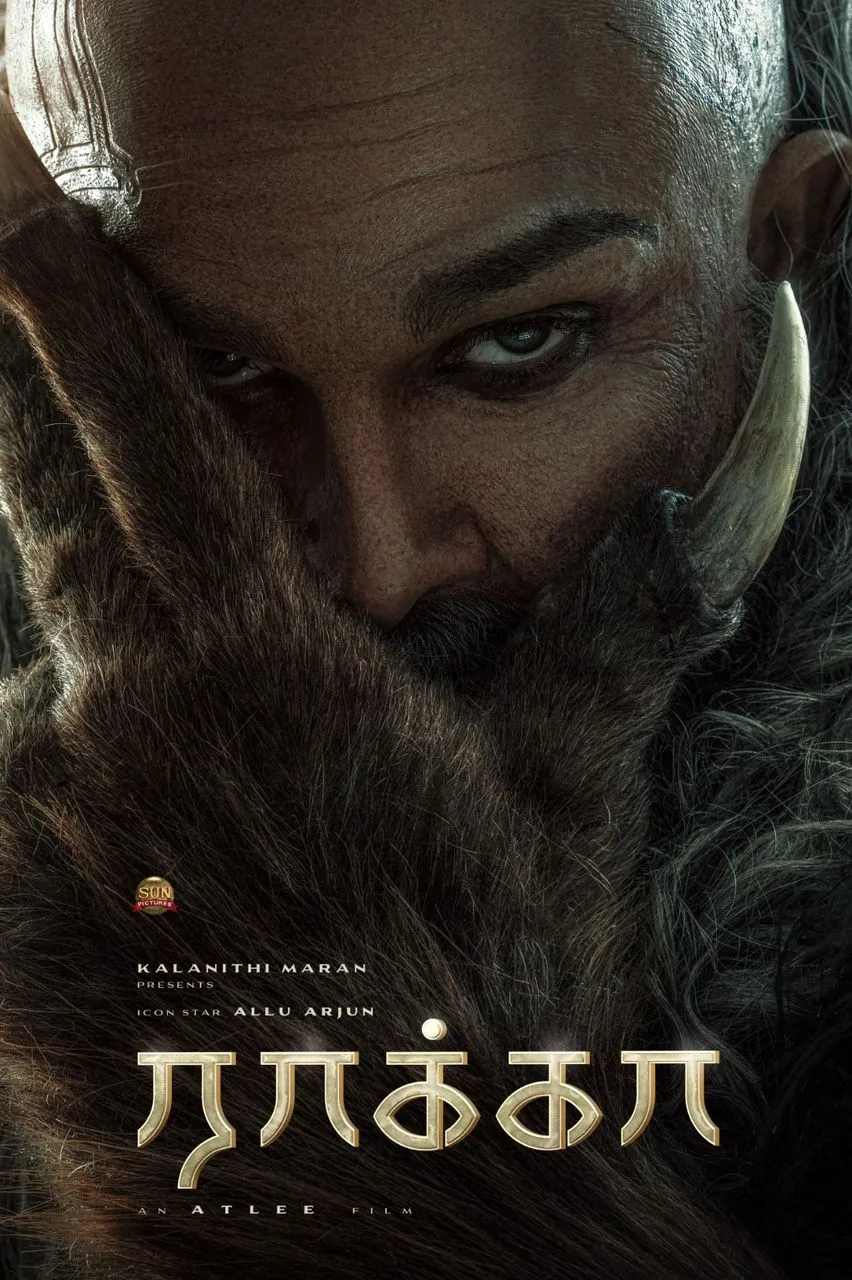Raaka title poster showing Allu Arjun in a dark fantasy creature look