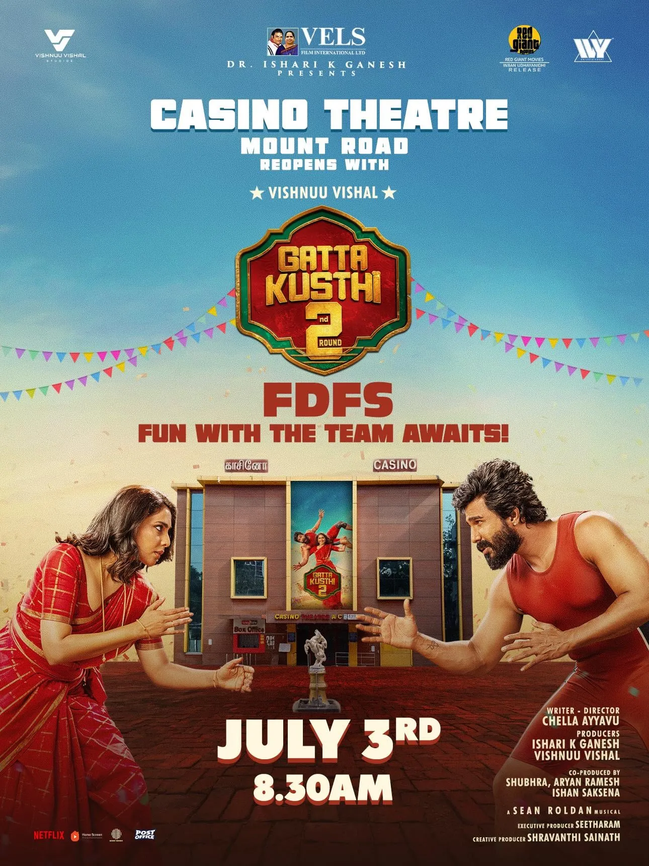 Vishnu Vishal and Aishwarya Lekshmi face off outside Casino theatre in the Gatta Kusthi 2 FDFS poster