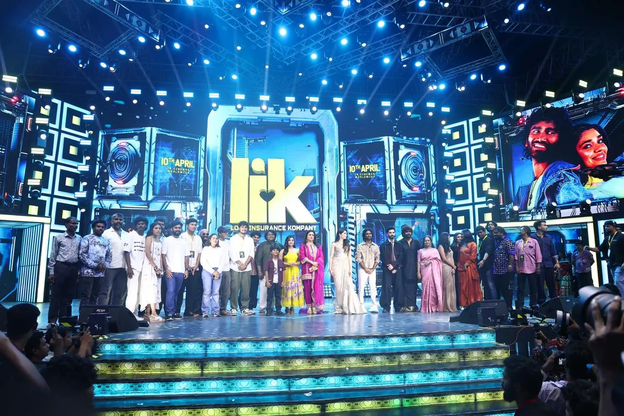 Love Insurance Kompany full cast and crew on stage at the pre-release event in Chennai