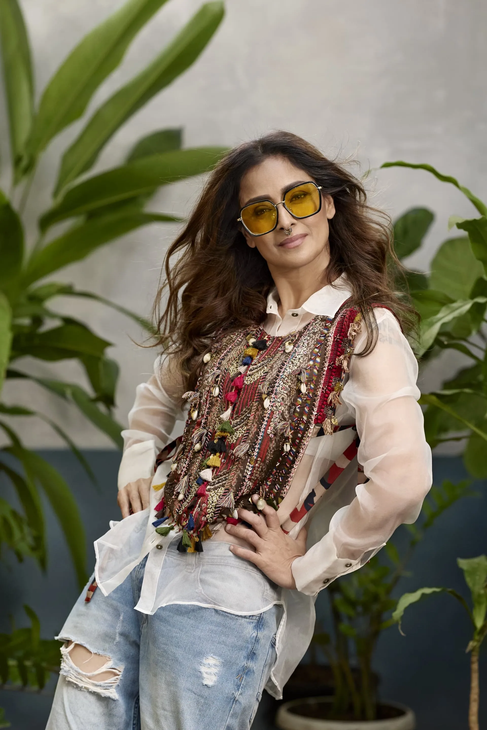 Simran in yellow-tinted sunglasses during the photoshoot
