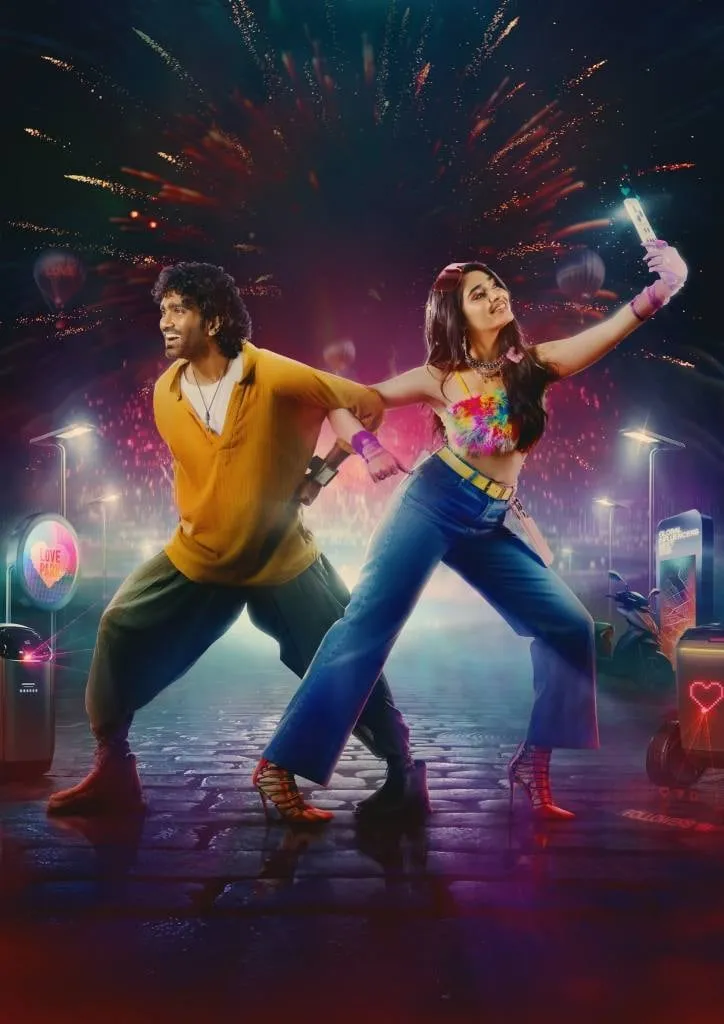 Pradeep Ranganathan and Krithi Shetty against the neon-lit cityscape of Love Insurance Kompany's near-future setting