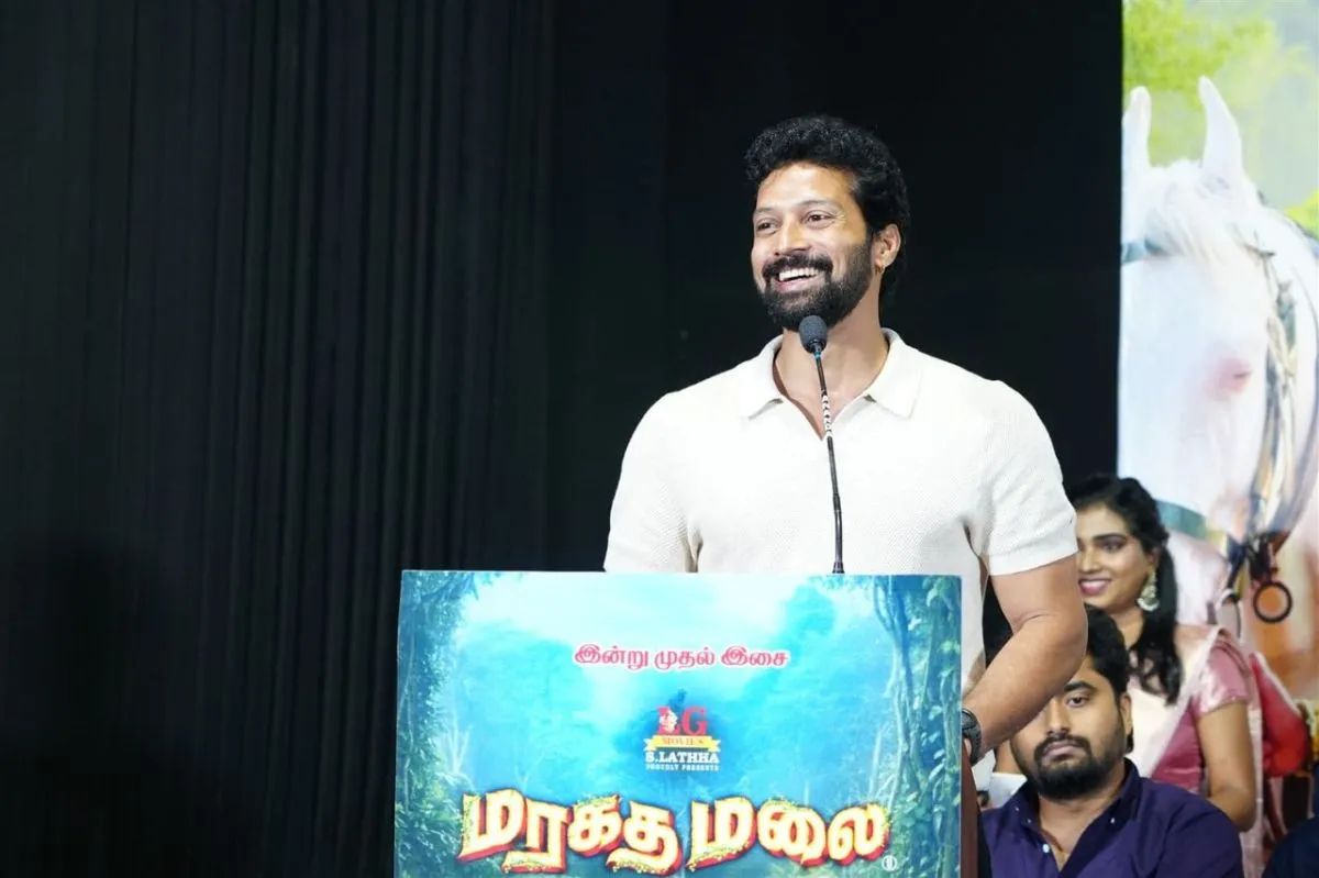 Santhosh Prathap speaking at the Maragatha Malai launch event