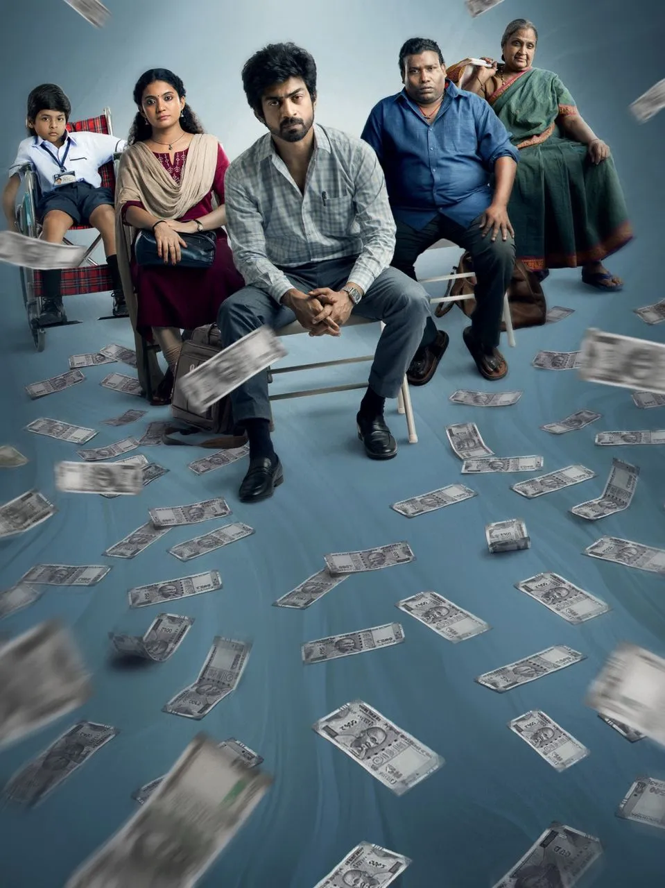 Con City poster featuring Arjun Das surrounded by flying currency notes