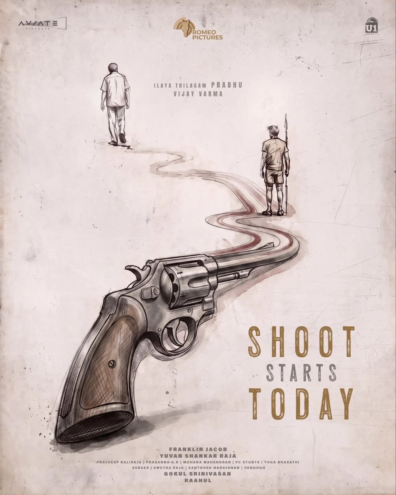 Announcement poster of the Prabhu and Vijay Varma film showing a sketched revolver and the line shoot starts today