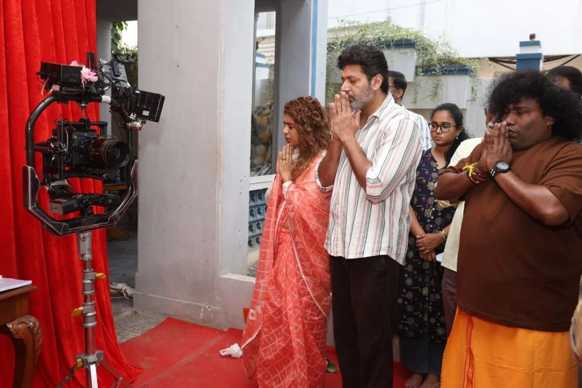 Ravi Mohan, Keneeshaa and Yogi Babu at the An Ordinary Man puja ceremony
