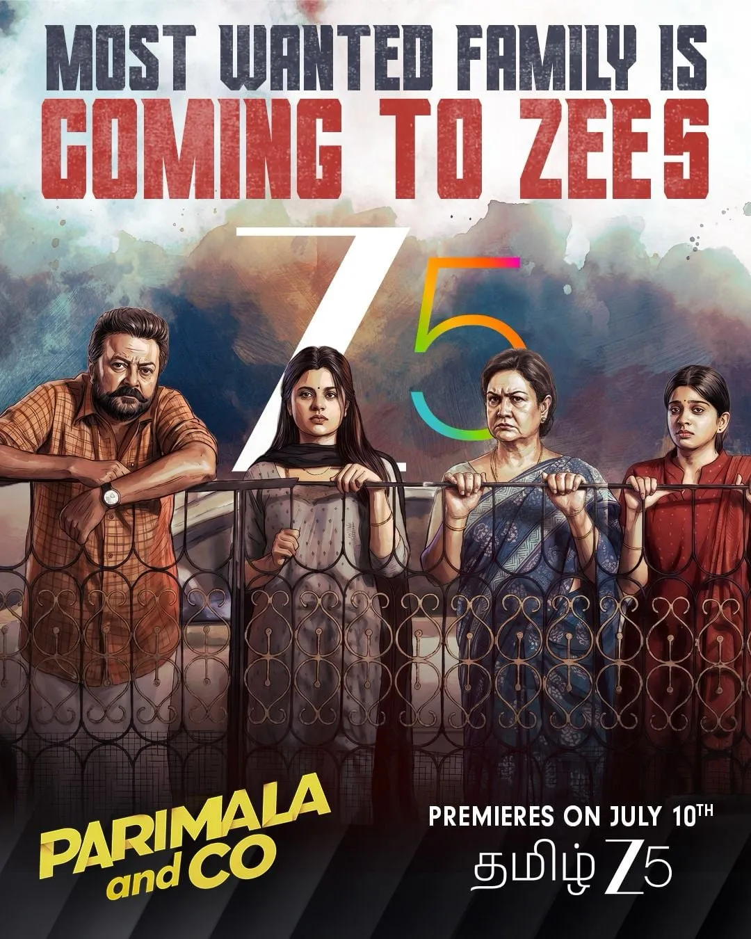 The Parimala & Co family lined up behind a balcony gate in the film's second poster.