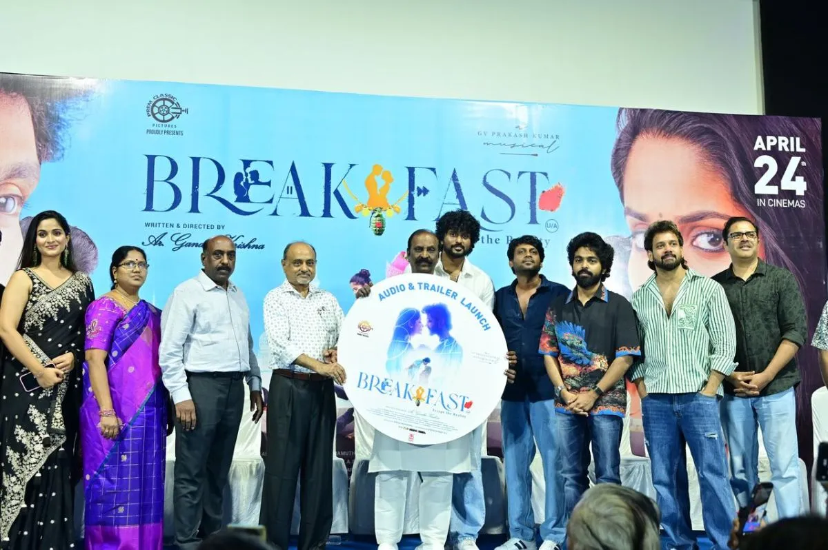 Team Breakfast at the film's music launch with the April 24 release banner