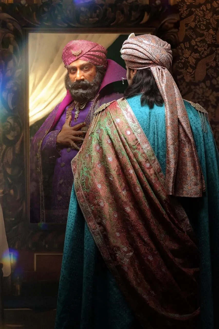 Satya Dev in a purple sherwani and magenta turban studying his own reflection in an ornate gilt mirror