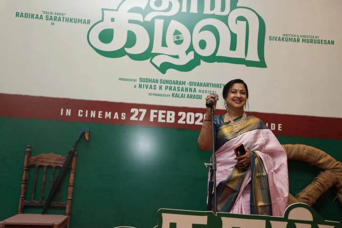Radhika Sarathkumar speaking at the Thaai Kizhavi pre-release event