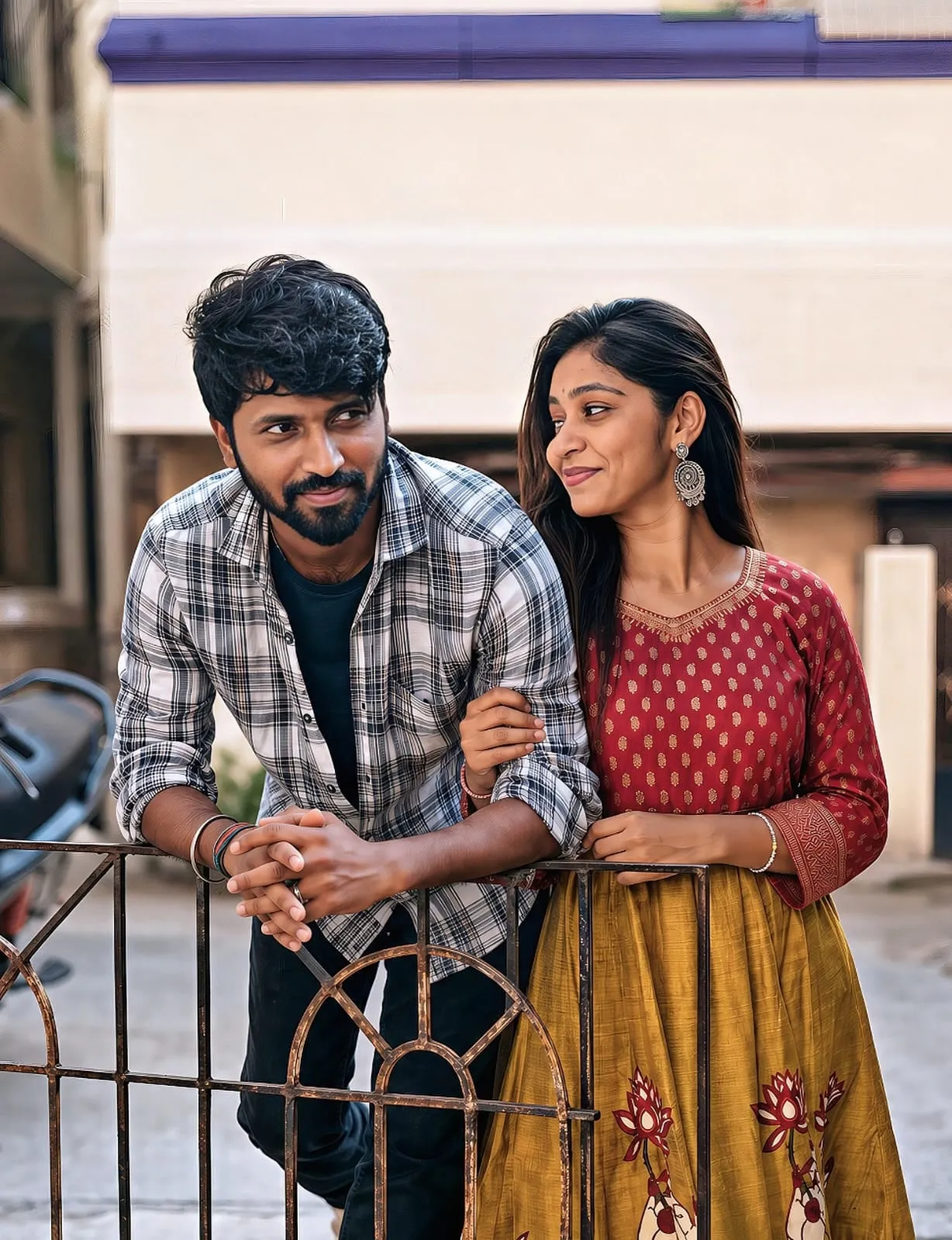 Kabil and Sangeetha share a candid moment against a street backdrop in Love Project